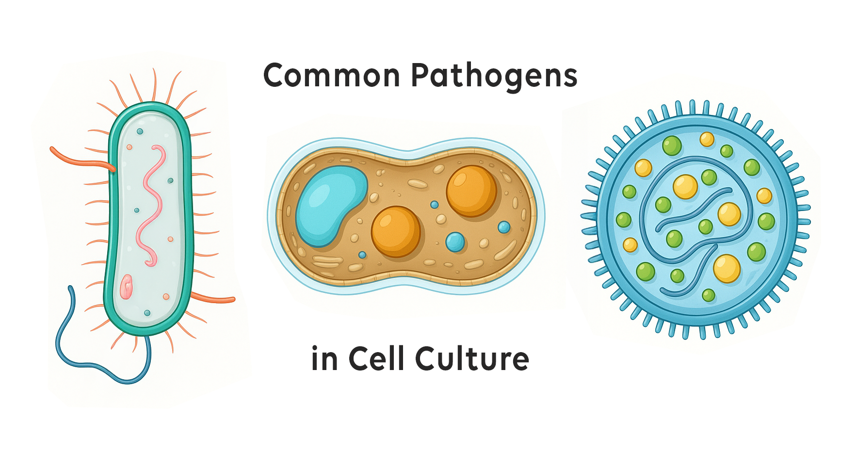Illustrated lineup of common cell culture contaminants: bacterium, fungal cell, and mycoplasma, shown in simplified biological detail on a white background.