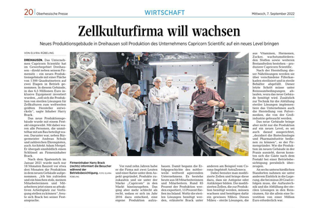 "Zellkulturfirma will wachsen" | Capricorn Scientific in der Oberhessischen Presse